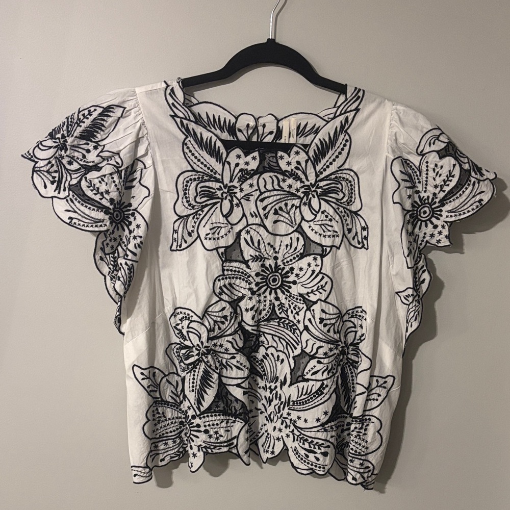 Anthropologie Black Floral on White Blouse